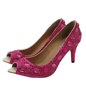 Marc DeFang 8.5 Fuchsia Pink Rhinestone Bling Peep Toe Heels Women Bridal Eras